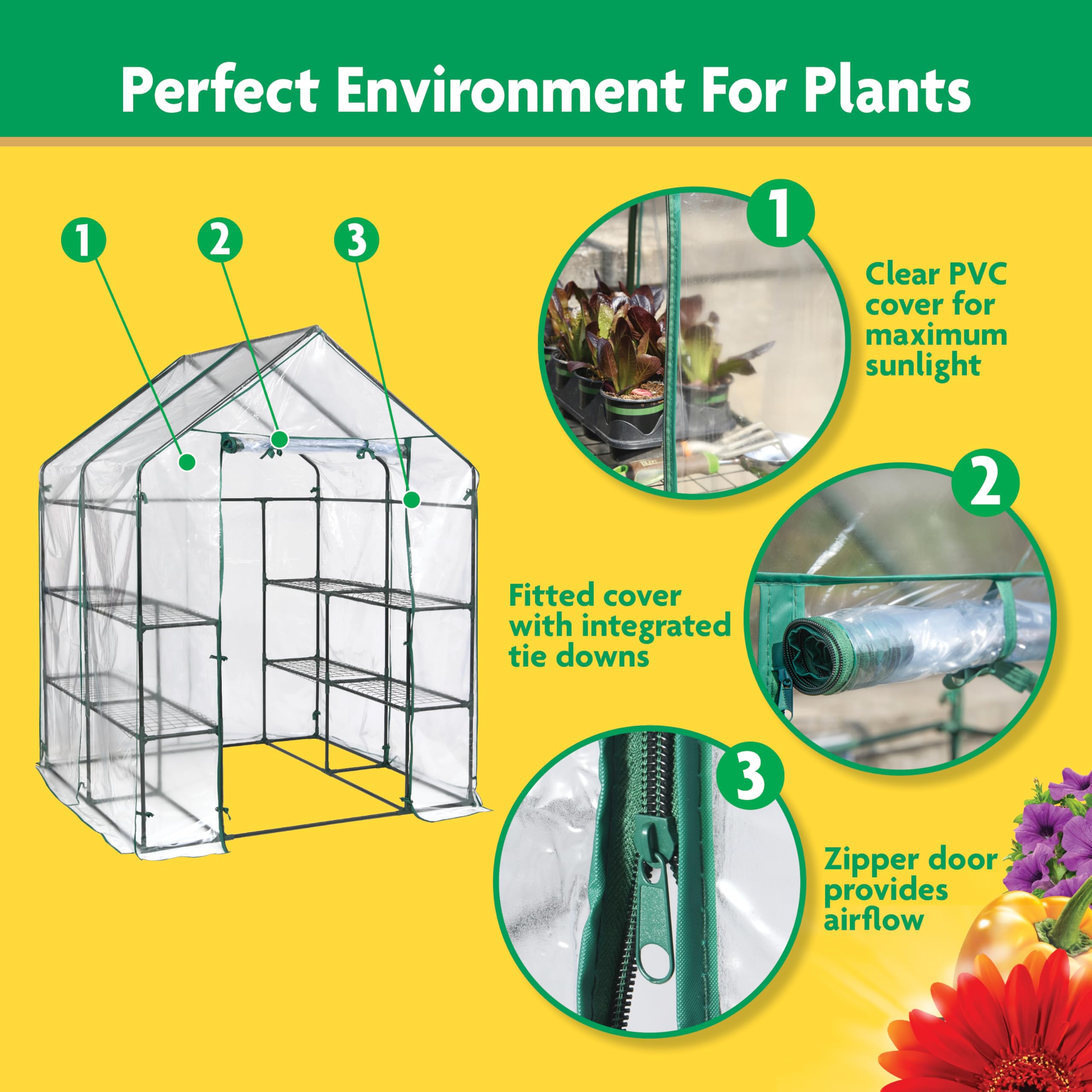 Miracle-Gro Small Walk-In Greenhouse zipper door enables easy access and airflow