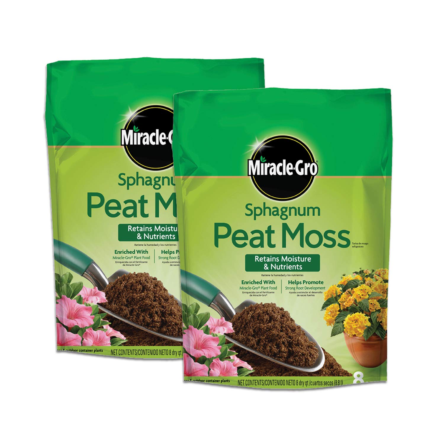 Miracle-Gro Sphagnum Peat Moss bag front view highlighting moisture retention for healthy roots.