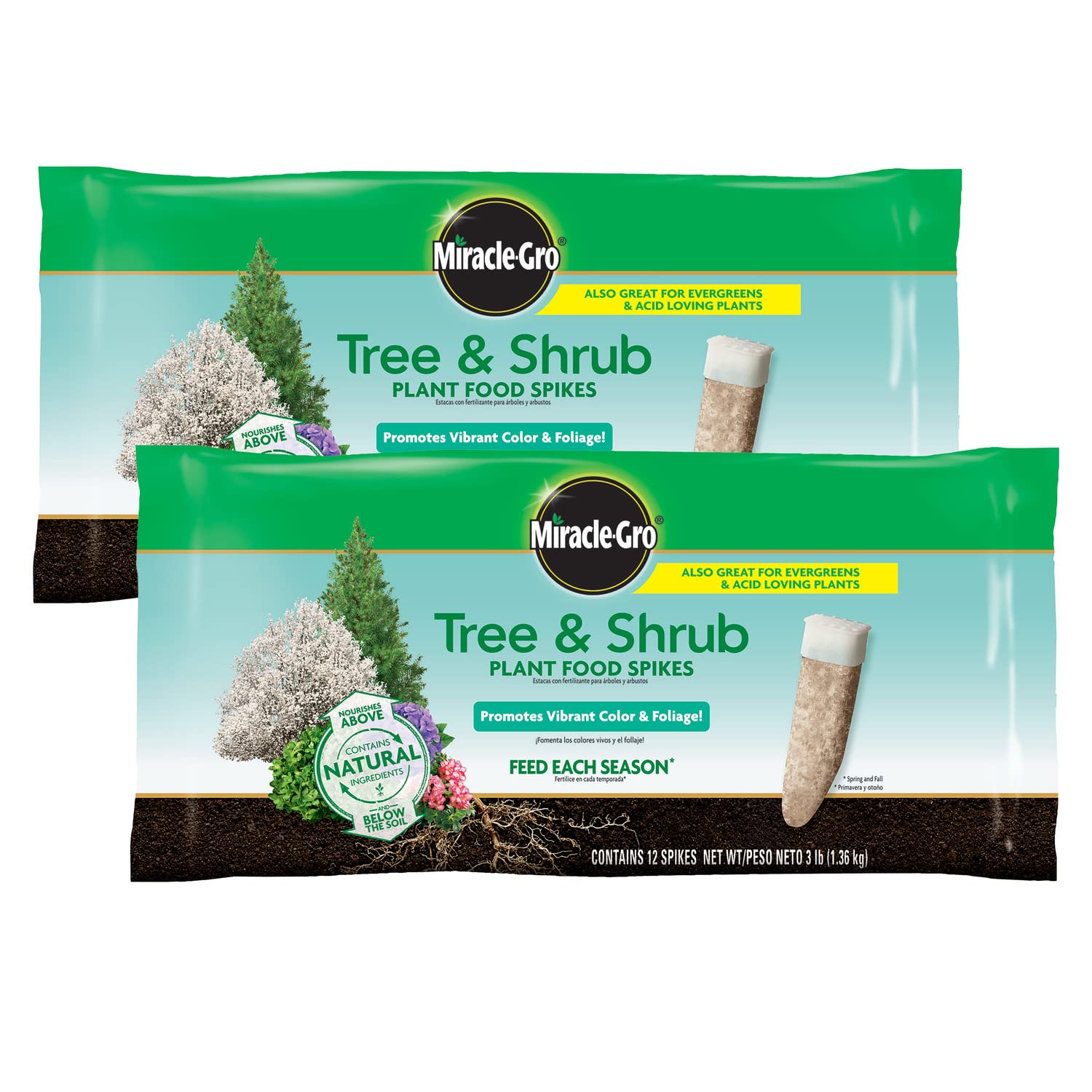 Miracle-Gro Tree & Shrub spikes packaging showcases root-zone nutrition for lush foliage