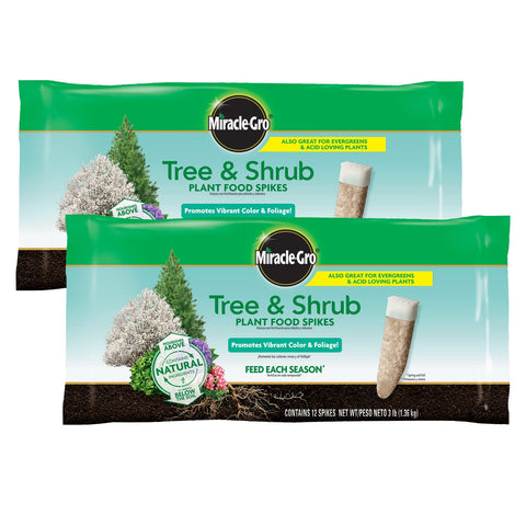 Miracle-Gro Tree & Shrub spikes packaging showcases root-zone nutrition for lush foliage