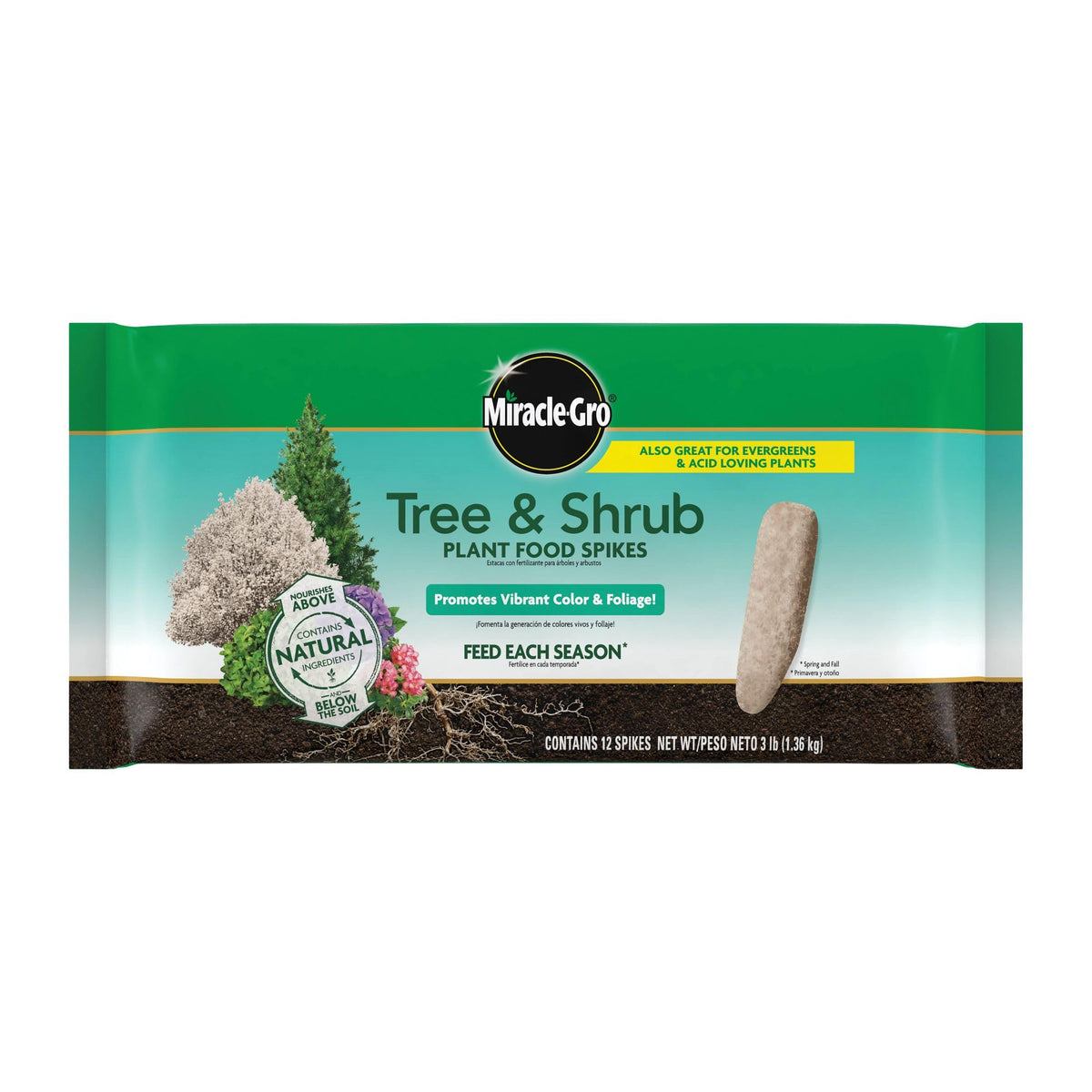 Miracle-Gro Tree & Shrub Spikes placed around the dripline to feed roots for healthier trees.