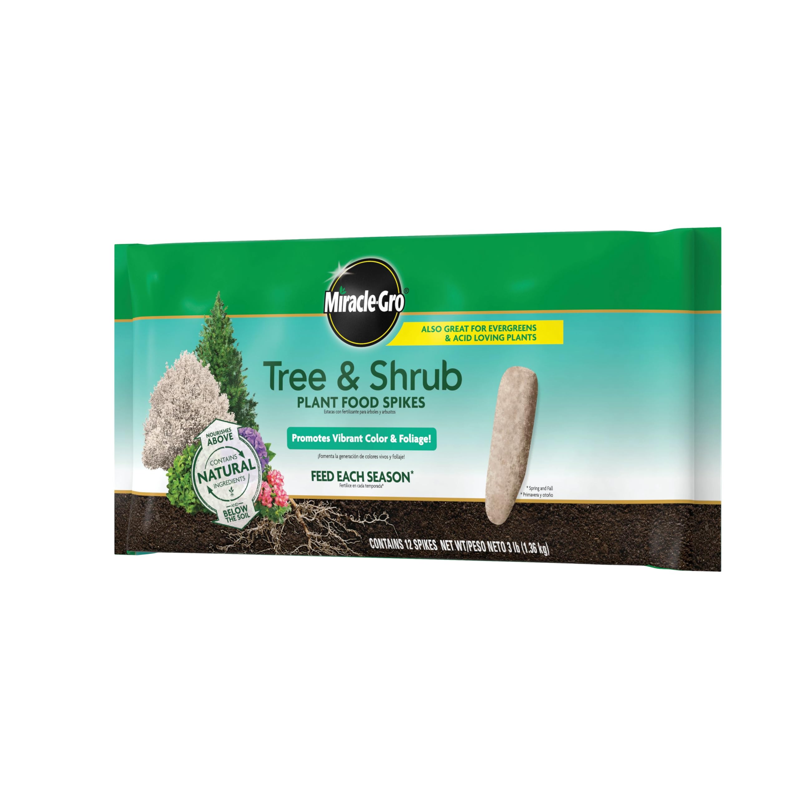 Spring and fall application with Miracle-Gro spikes for seasonal tree support.