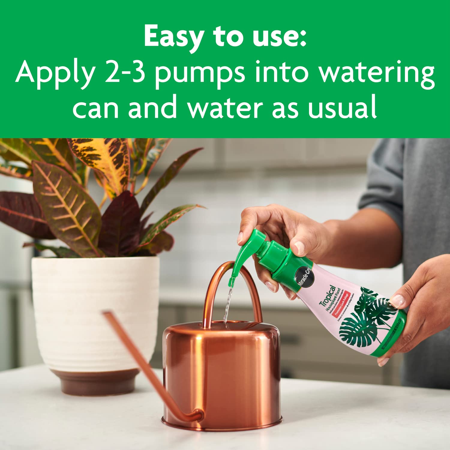 Spring-summer feeding with Miracle-Gro Tropical Houseplant Food supports active growth.
