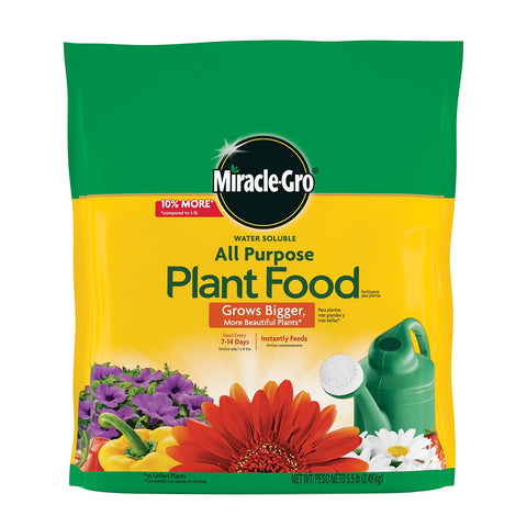 Miracle-Gro Water Soluble All Purpose Plant Food bag ready for easy feeding of diverse plants