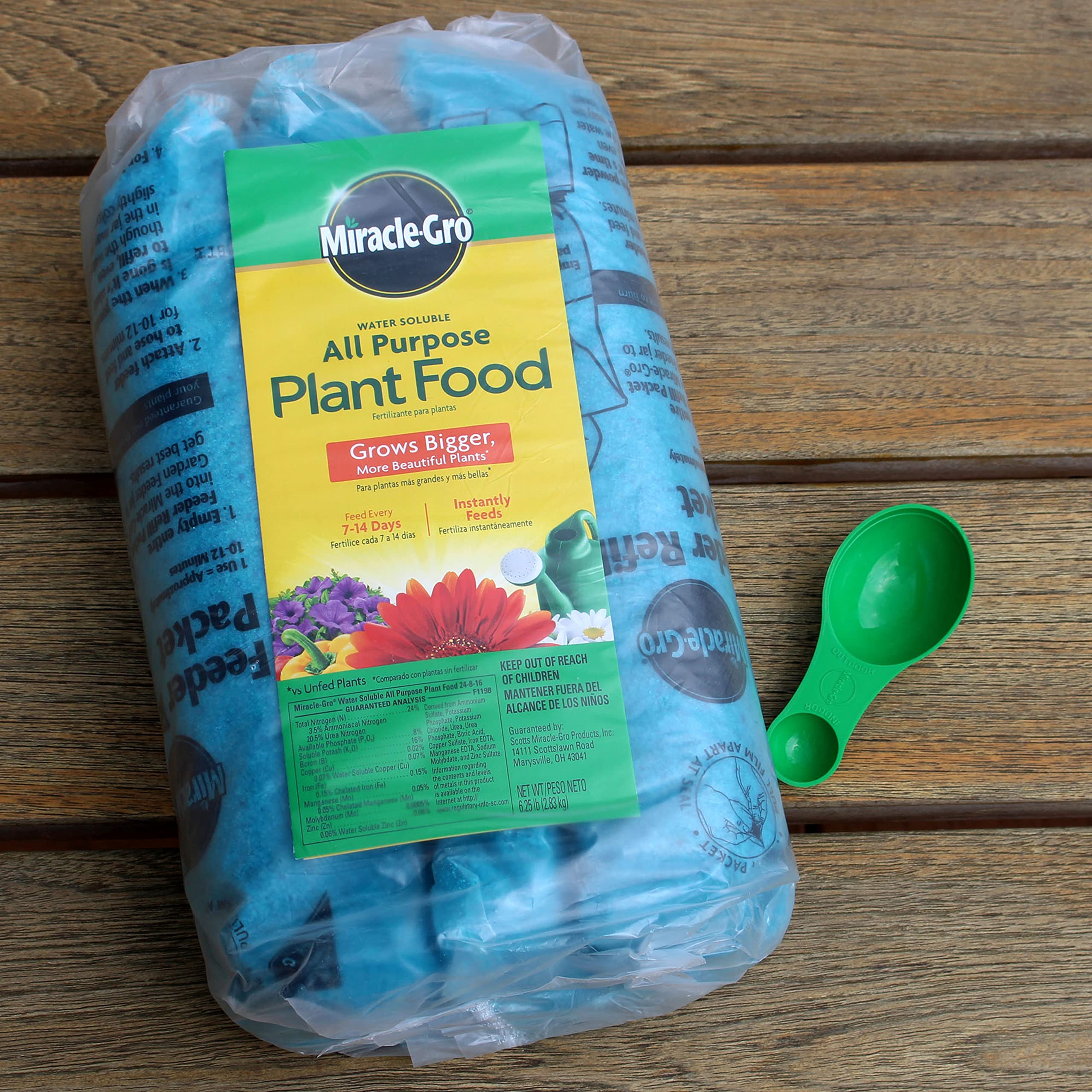 Miracle-Gro Water Soluble All Purpose Plant Food dilution in watering can enables easy indoor or outdoor feeding.