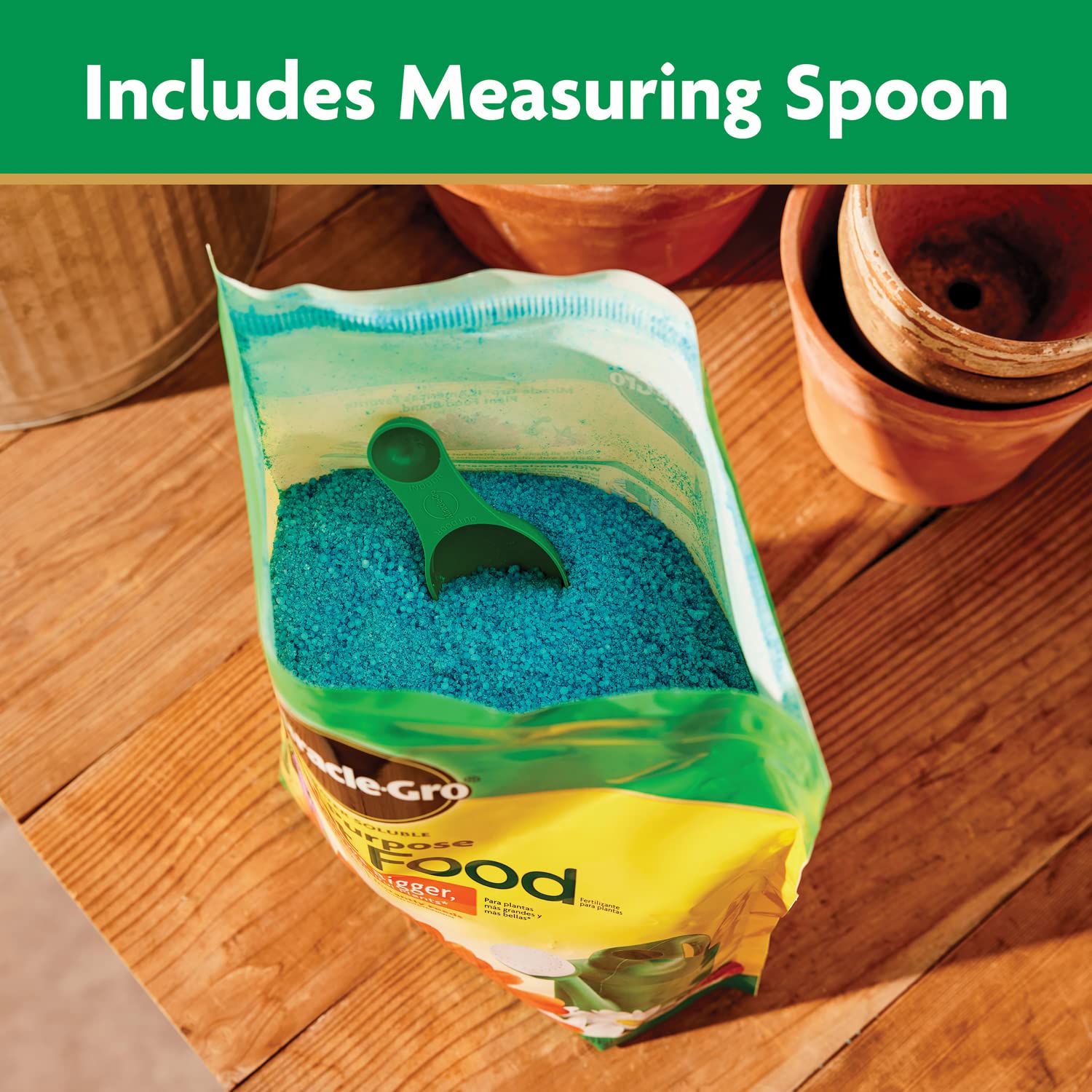 Miracle-Gro Water Soluble All Purpose Plant Food scoop emphasizing easy measurement.