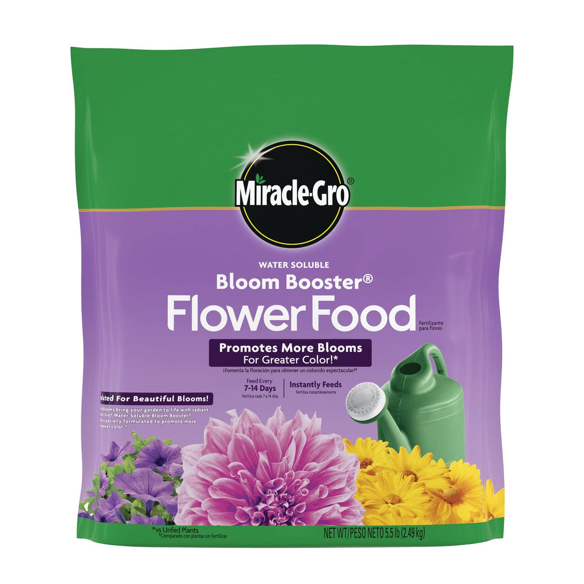 Miracle-Gro Bloom Booster bottle on patio boosts vibrant blooms