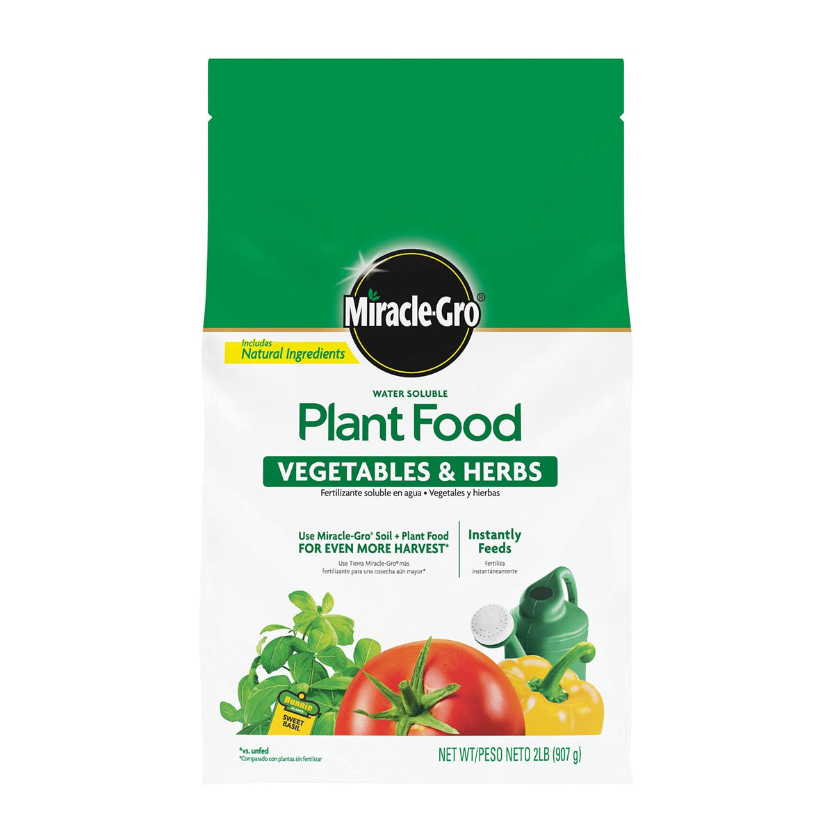 Miracle-Gro Water Soluble Plant Food for vegetables and basil, visual of vegetables-basil use and benefits