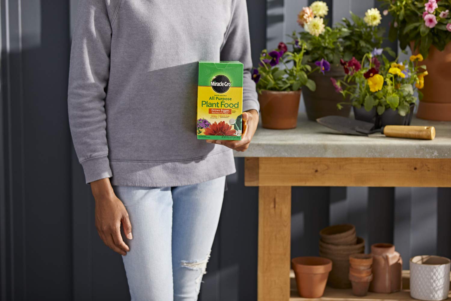 Water-soluble Miracle-Gro powder dissolving for quick, even plant feeding.