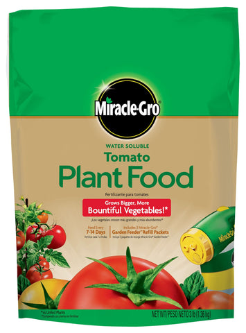 Miracle-Gro tomato plant food jar ready to feed for bigger harvest.