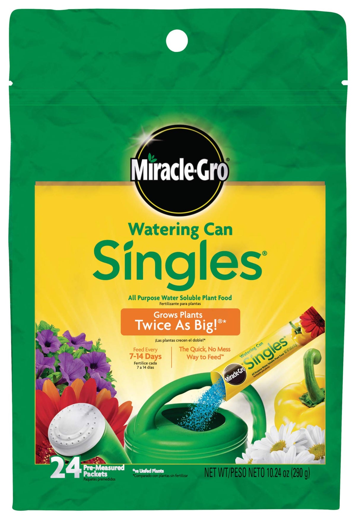 Miracle-Gro Watering Can Singles packaging showing 24 pre-measured packets for easy feeding