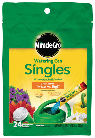 Miracle-Gro Watering Can Singles packaging showing 24 pre-measured packets for easy feeding