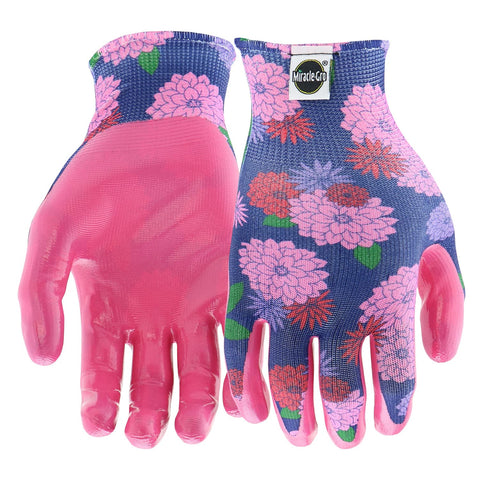 Miracle-Gro women's nitrile coated gloves with floral pattern on the front for secure grip