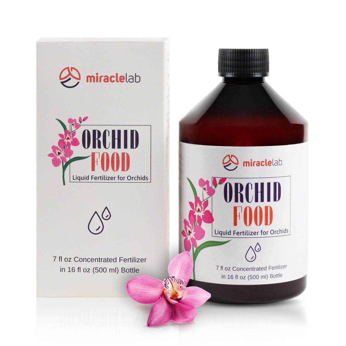 Miracle Lab Liquid Orchid Fertilizer bottle showcases a natural formula for vibrant orchid growth.