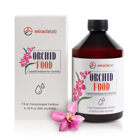 Miracle Lab Liquid Orchid Fertilizer bottle showcases a natural formula for vibrant orchid growth.