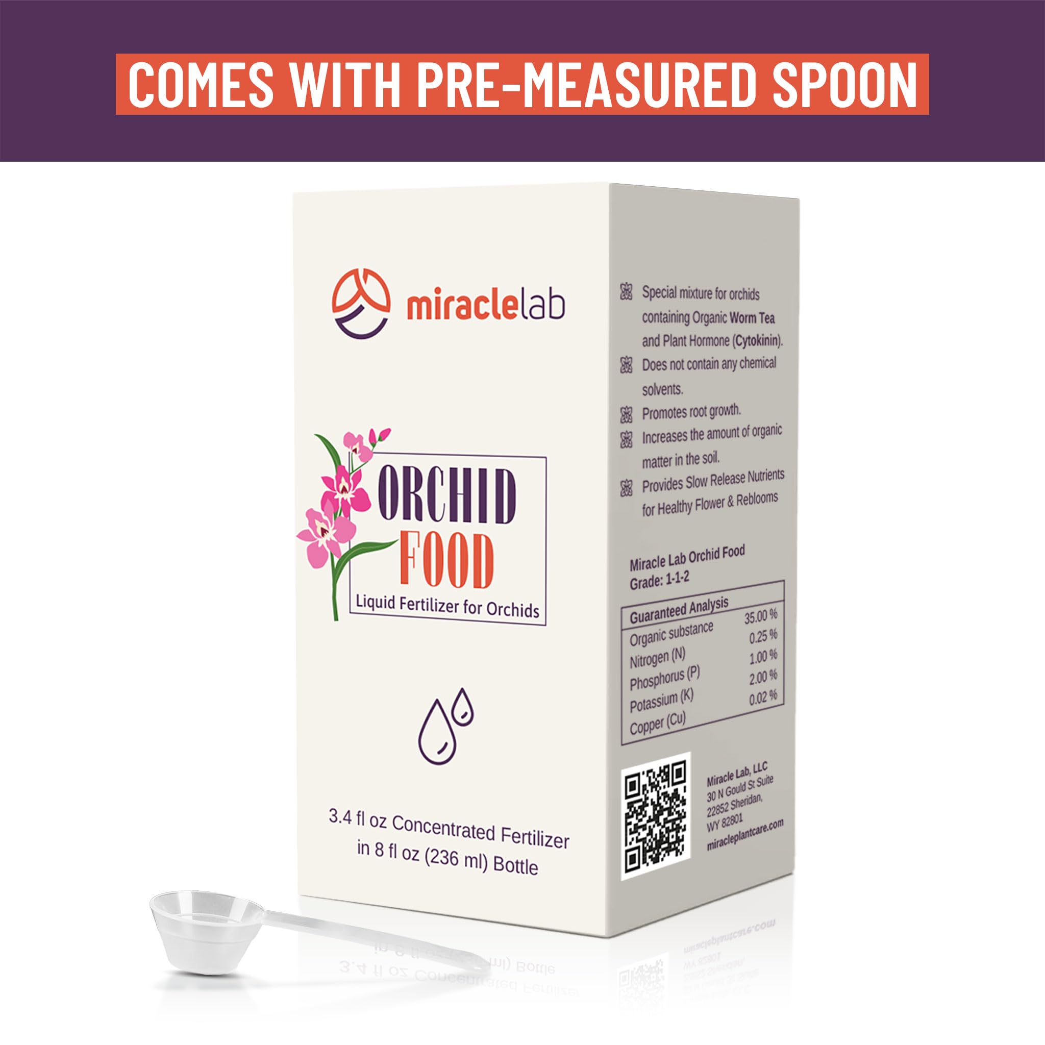 Miracle Lab Liquid Orchid Fertilizer organic ingredients highlights safe soil nourishment.