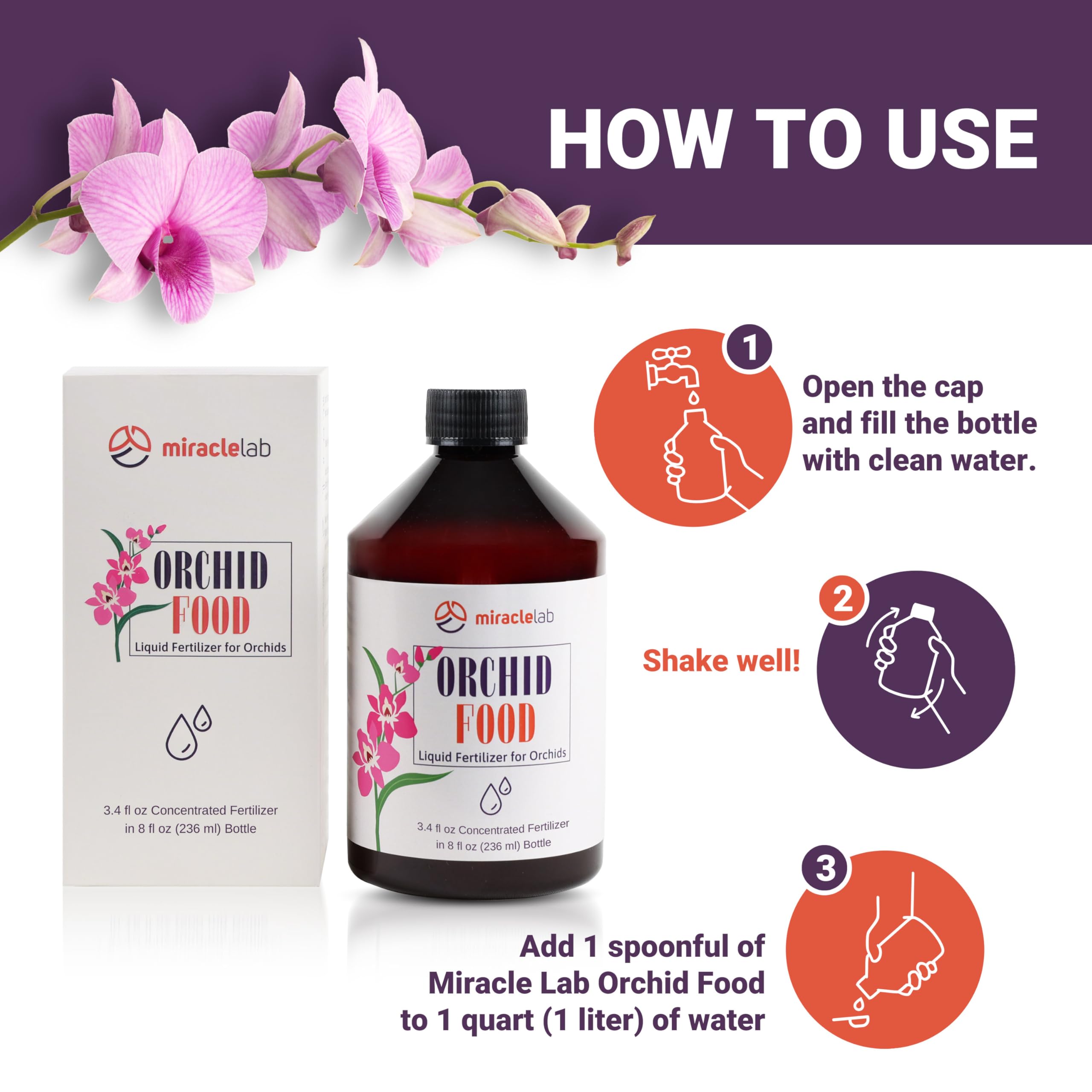 Miracle Lab Liquid Orchid Fertilizer spraying action enables a gentle mist for healthy leaves.