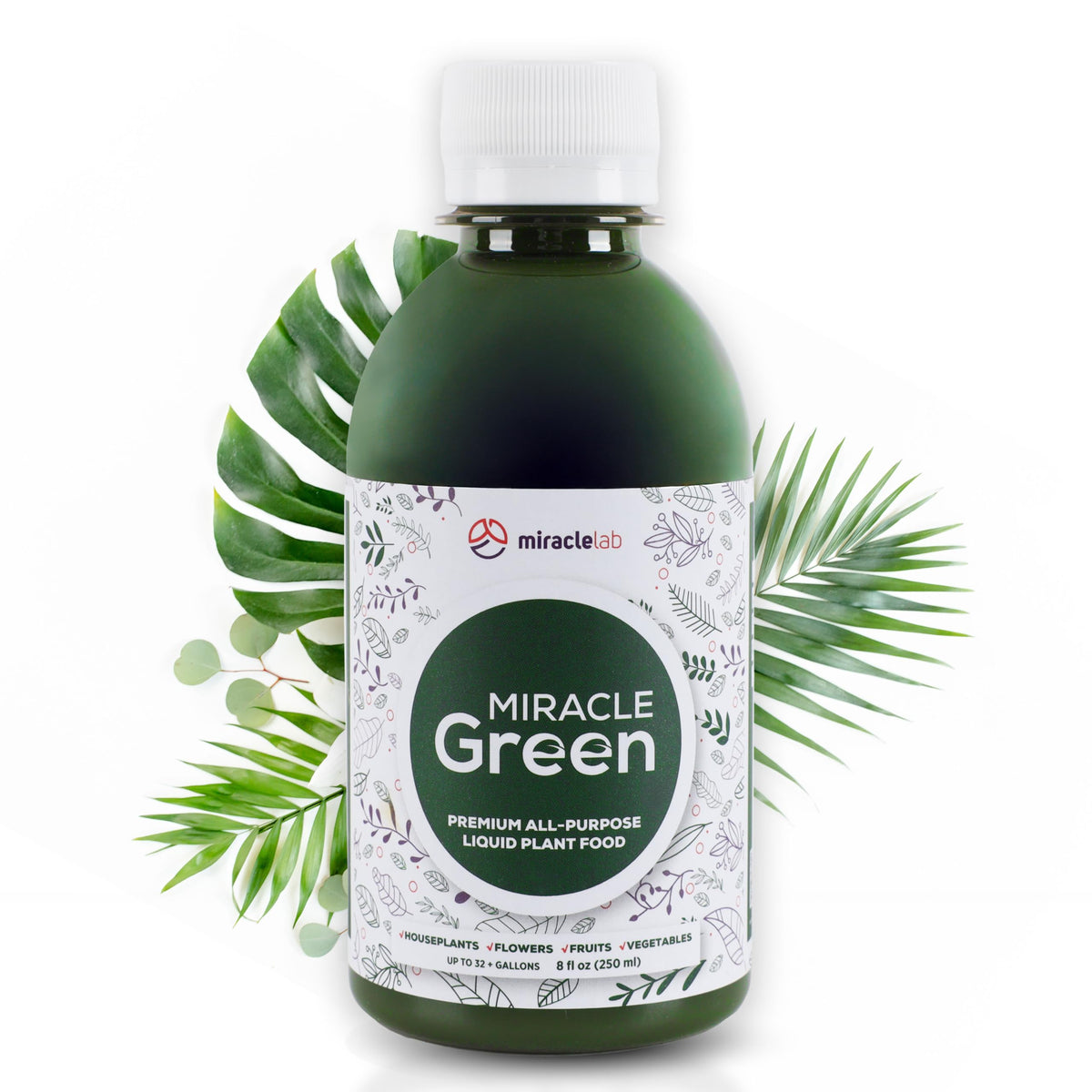 Miracle Lab Miracle Green bottle close-up showing fast-acting plant nutrition for healthier indoor plants