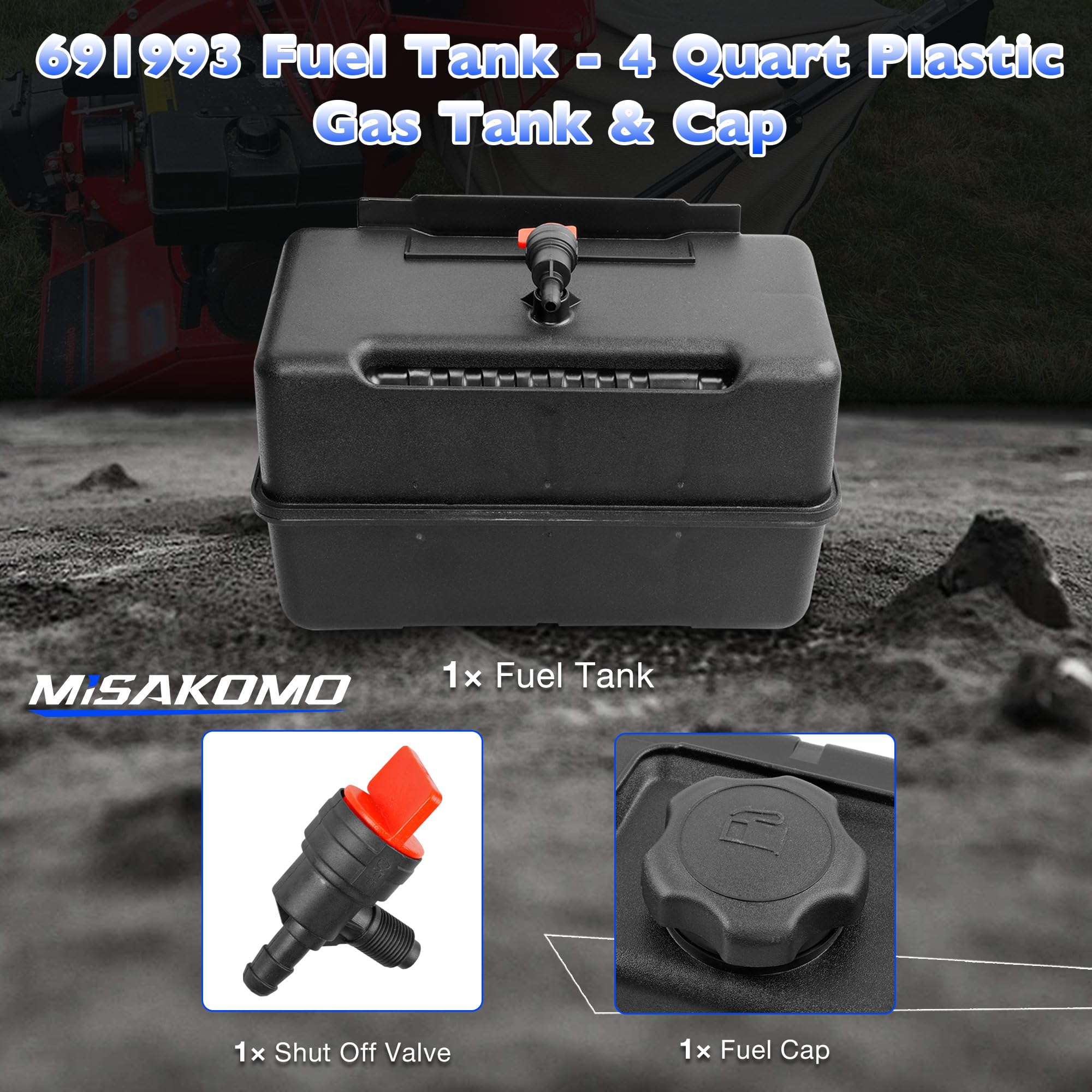 Misakomo 691993 fuel tank durable plastic body for long-lasting performance.