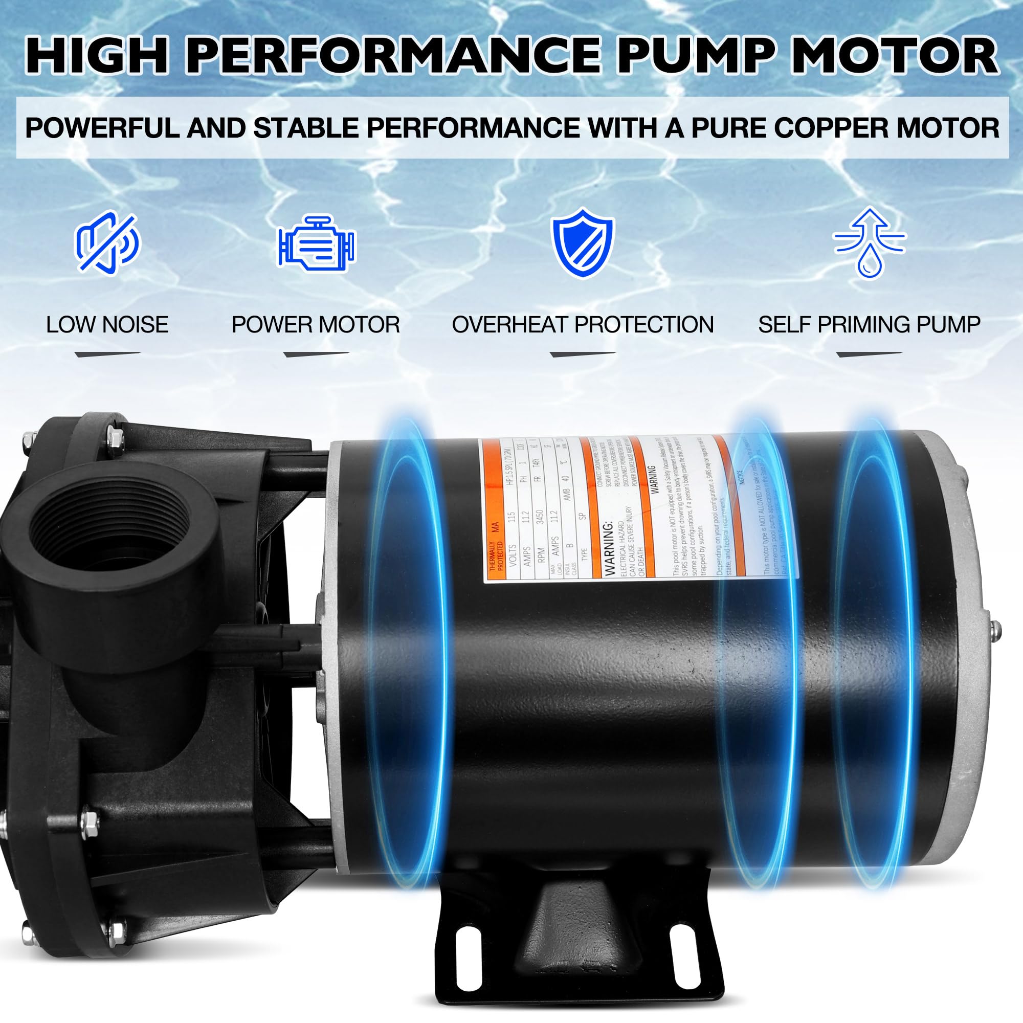 Misakomo 1.5 HP pool motor enables efficient water circulation for clearer pool water.