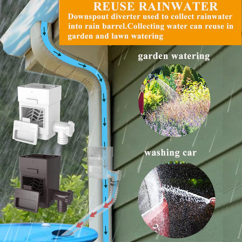 MISDENK downspout diverter with adjustable flow for controlling rainwater capture.