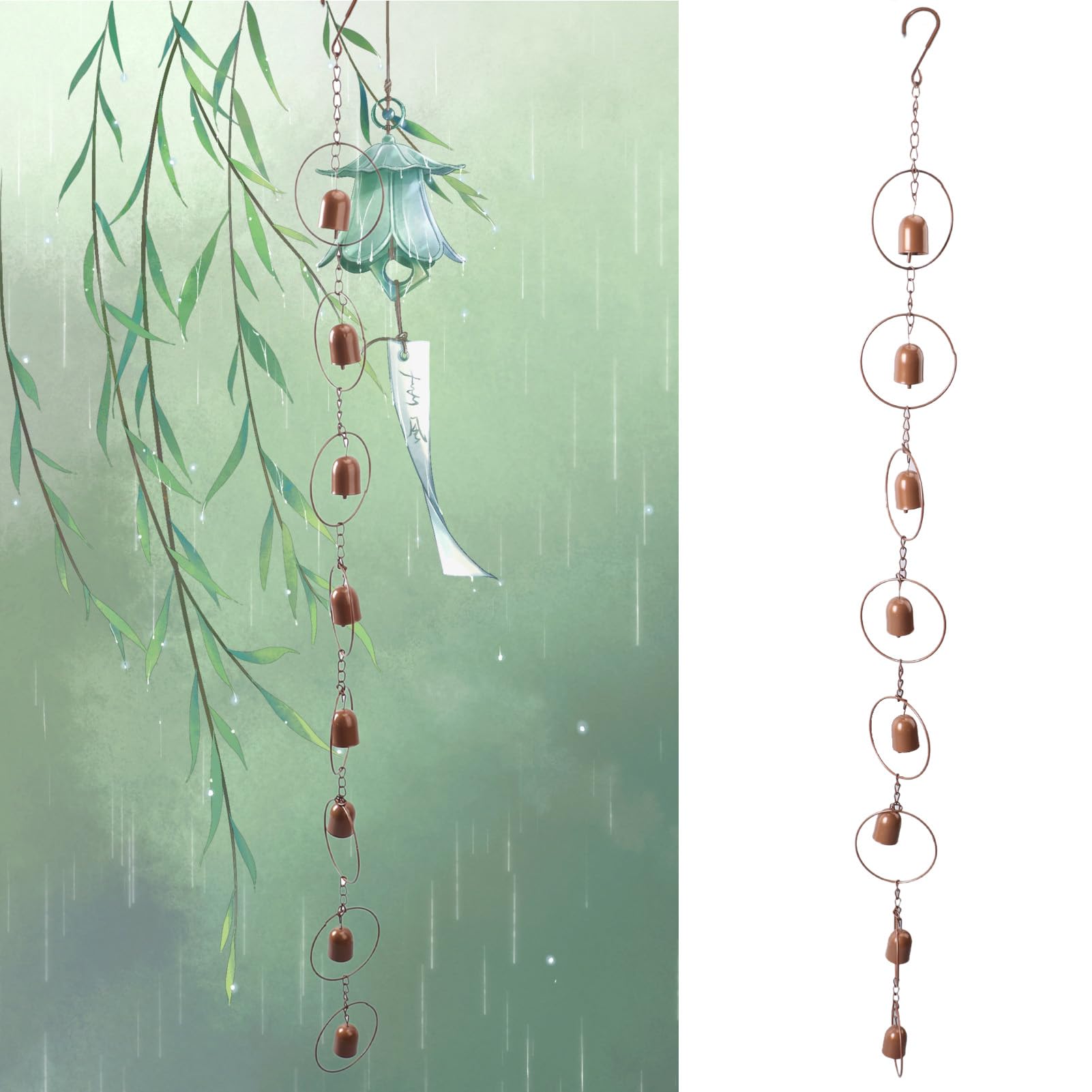 Miskall metal rain chime with architectural finish adds elegant exterior detail.