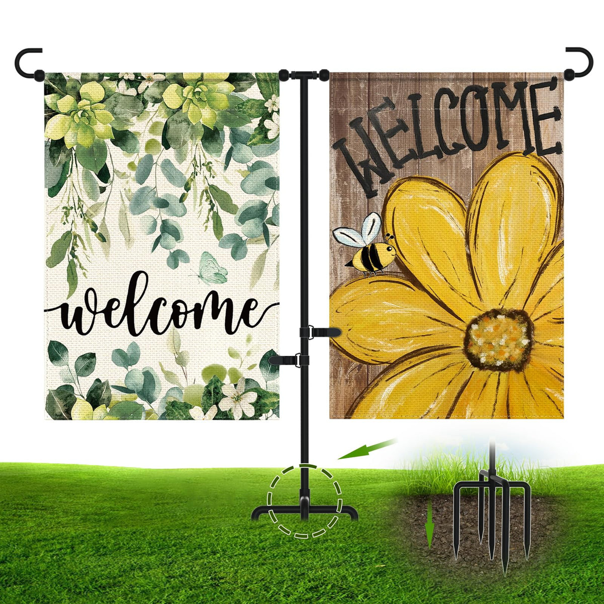 MISNI garden flag holder base with 5-prong feet anchors flags securely in soil