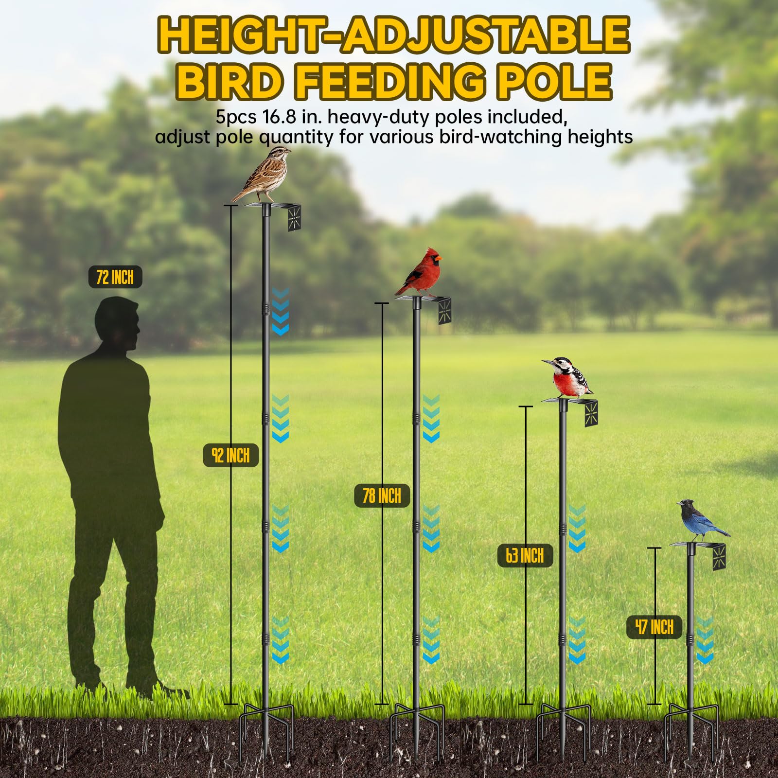 Misoull adjustable-height-pole-92inch shows five height options for flexible viewing.