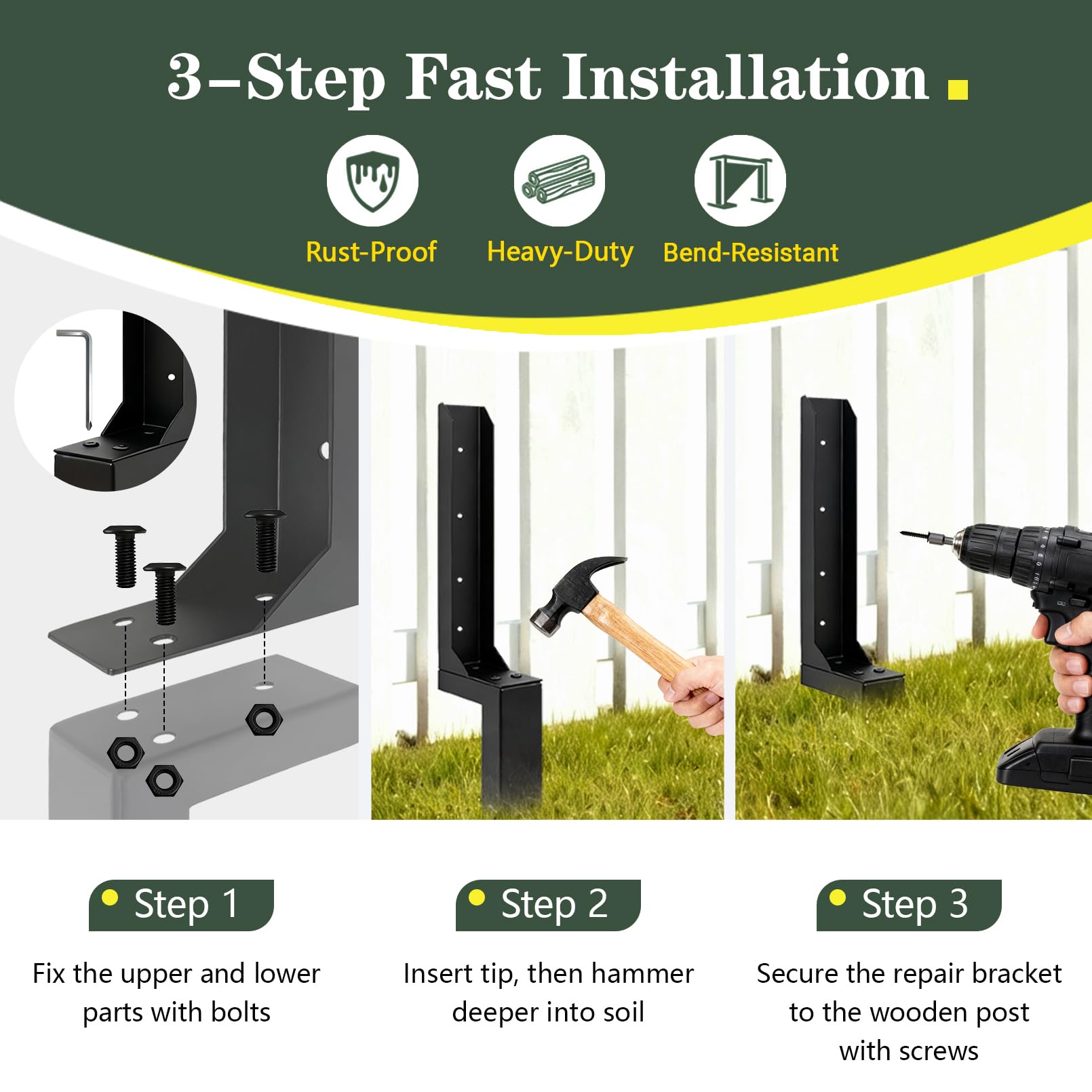 Misoull easy-install wood fence stakes enable tool-free setup with quick ground insertion.