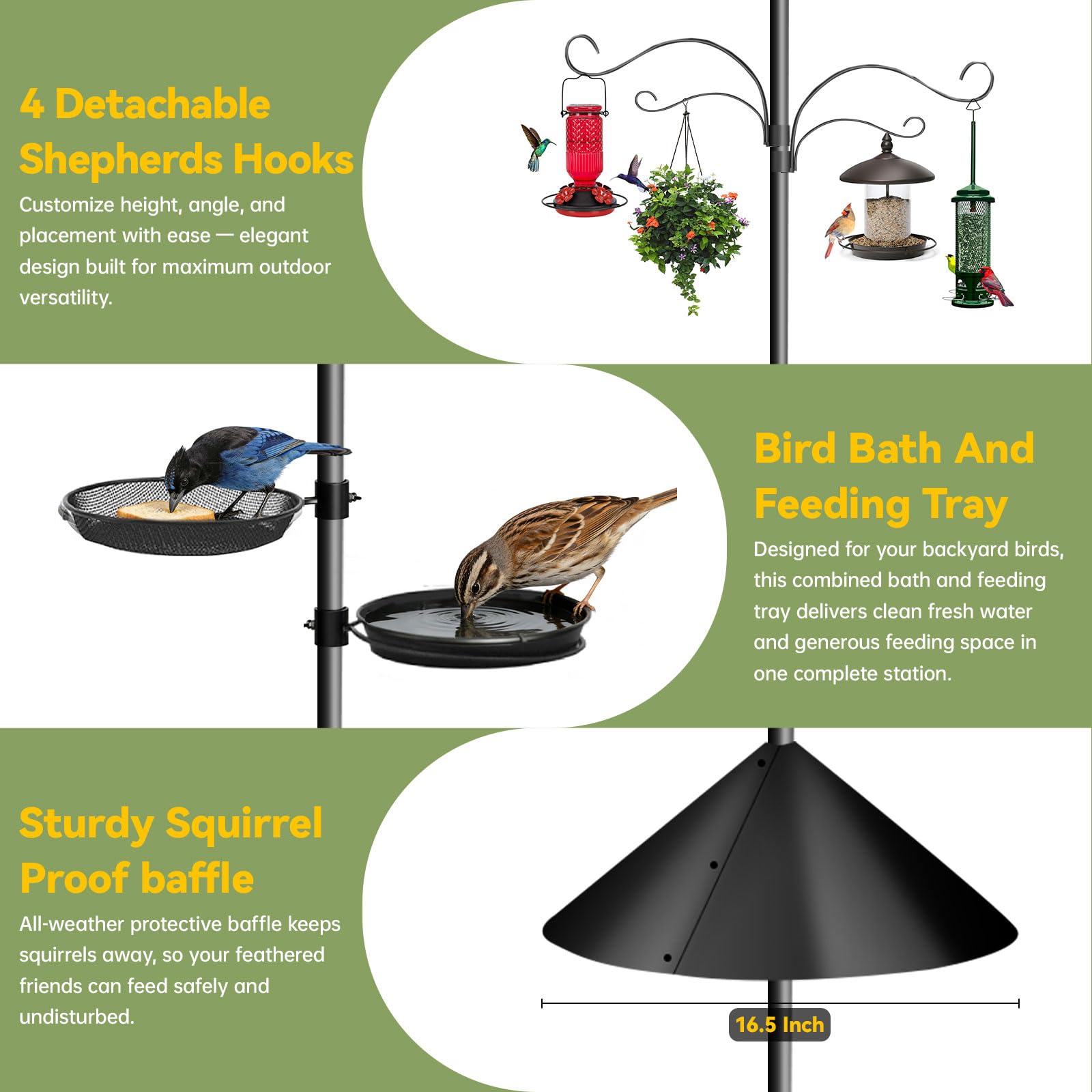 Misoull free-sliding-shepherd-hooks enable multiple feeders and decorations.