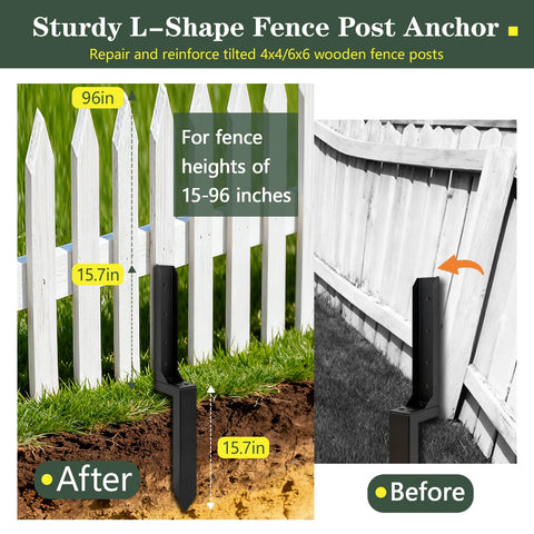 Misoull L-shaped fence post anchor design provides wind sway resistance for upright posts.