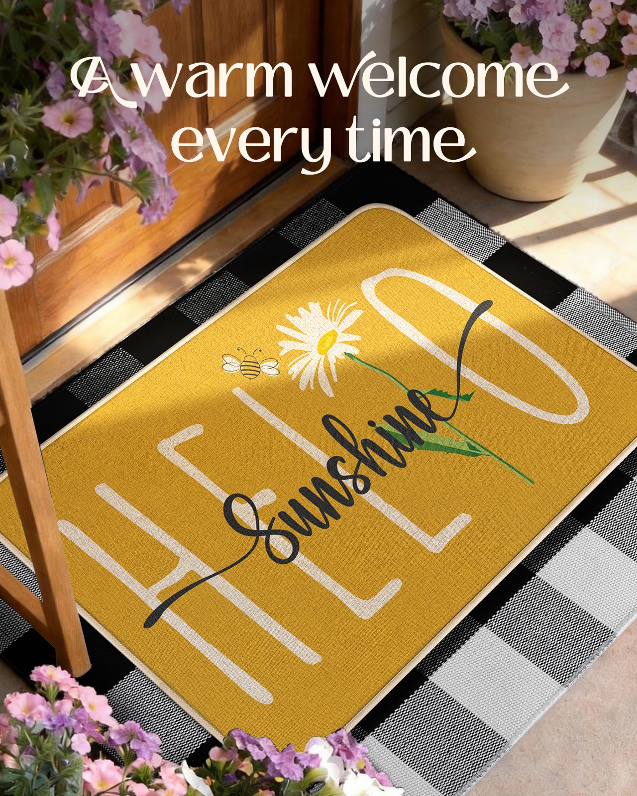 Miss Adola Hello Sunshine mat features a bee accent for playful entryway charm.