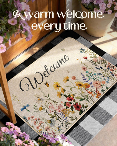 Miss Adola Welcome-script door mat showcases durable, non-slip backing for safe entry.