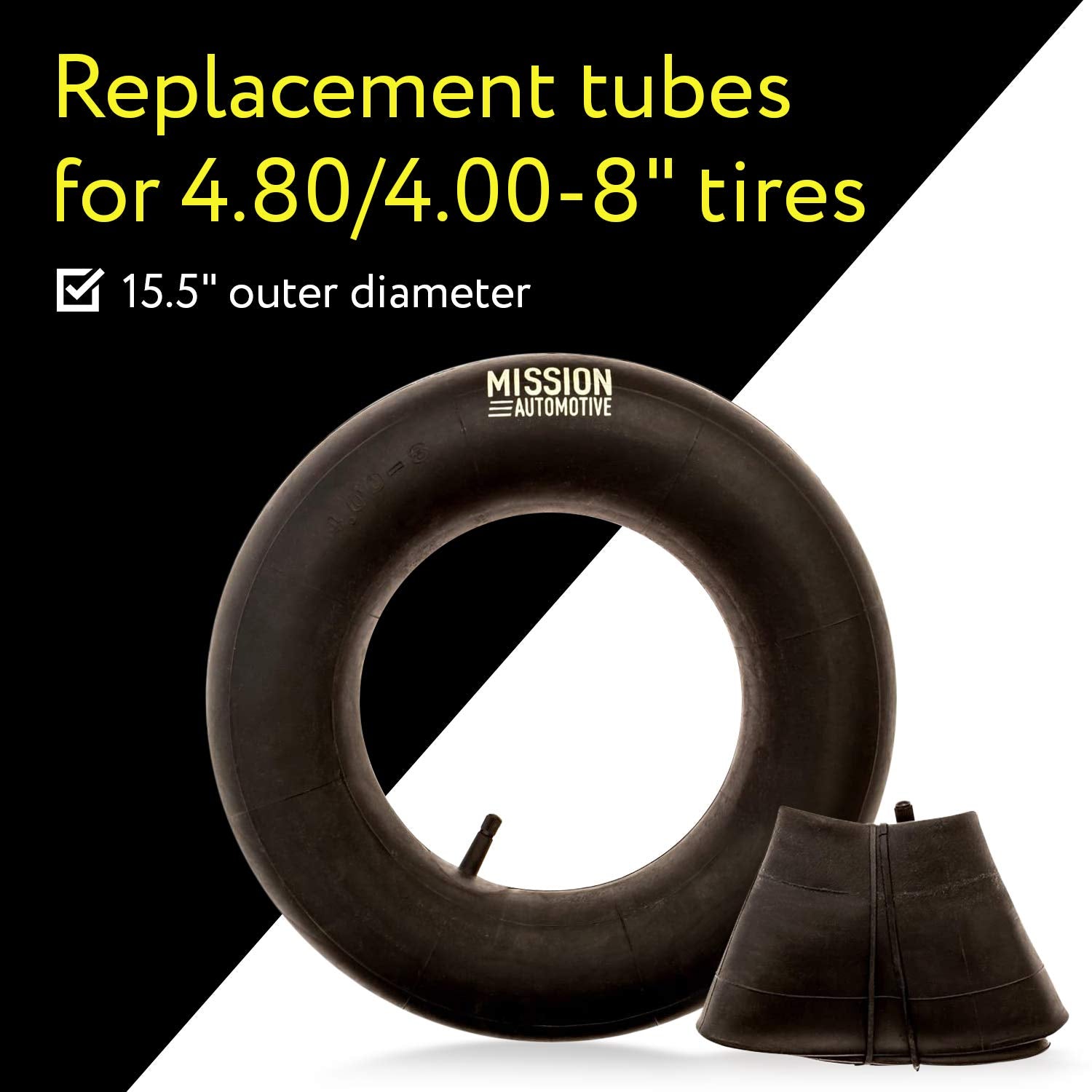 Pack shot of Mission Automotive trailer tire inner tube set, ready to replace.
