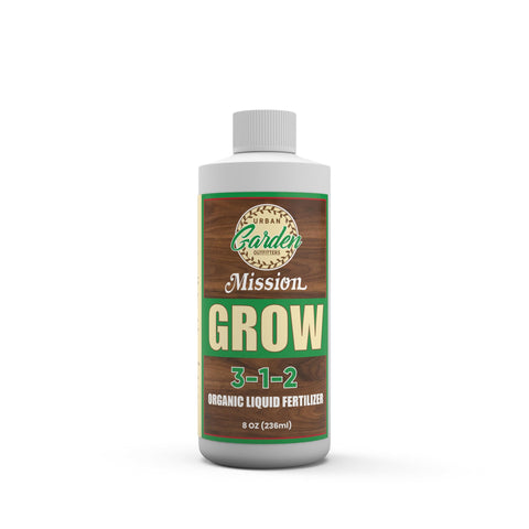 Mission Fertilizer Grow 3-1-2 bottle being poured for weekly plant nutrition.