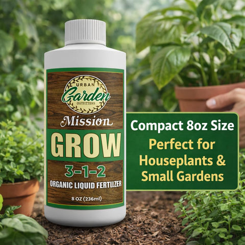 Balcony herbs treated with Mission Fertilizer Grow 3-1-2 for healthy growth.