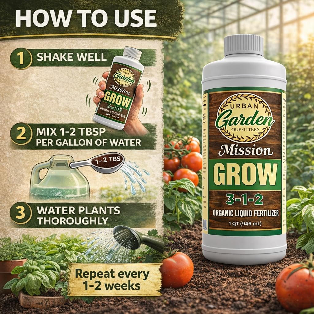 Outdoor container garden boosted by Mission Fertilizer Grow 3-1-2 organic blend.