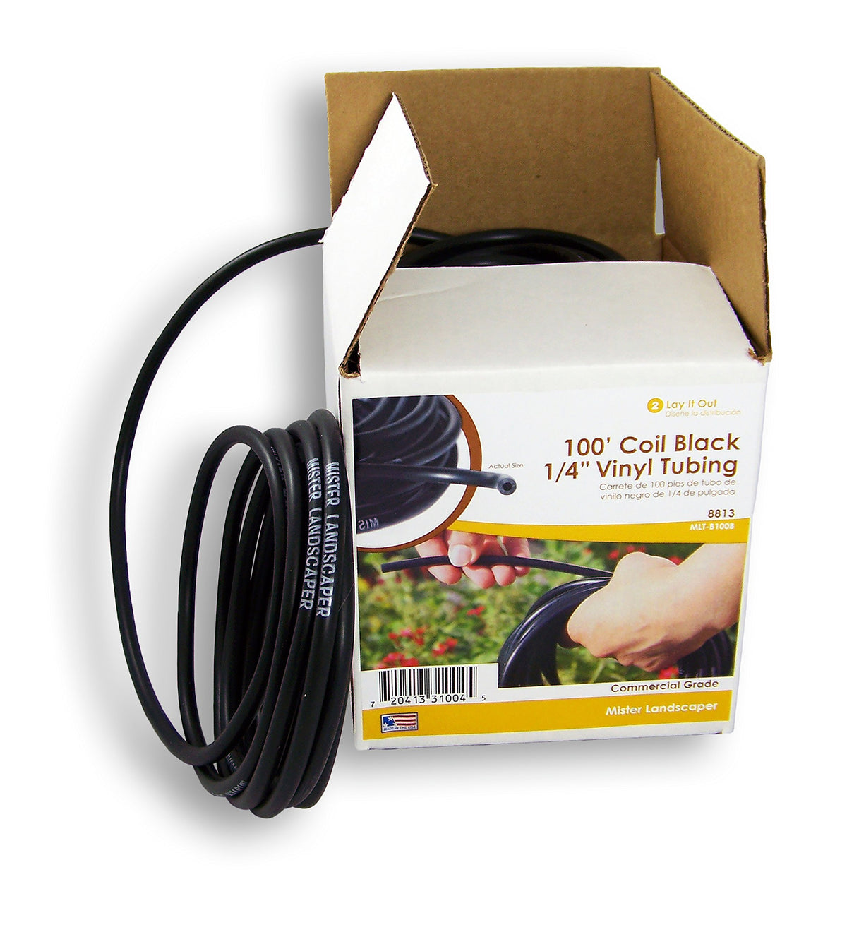 Mister Landscaper 1/4-inch black vinyl tubing extends drippers from poly tubing.