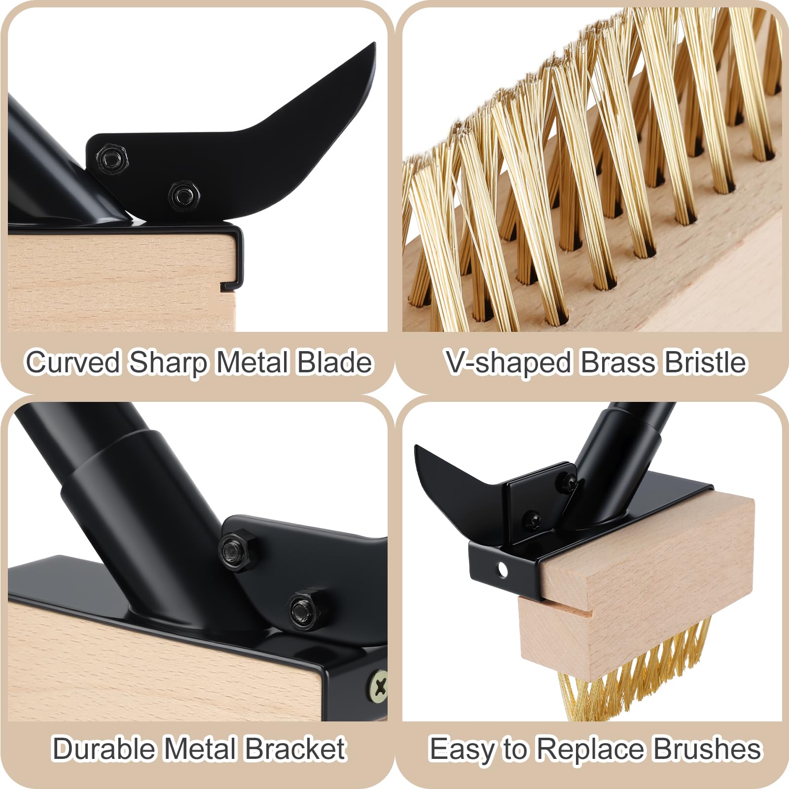 Four wood brush heads deliver durable, weather-resistant cleaning power