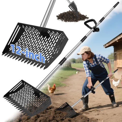 Mittimiya 2-in-1 scooper and rake assembled for coop cleanup.