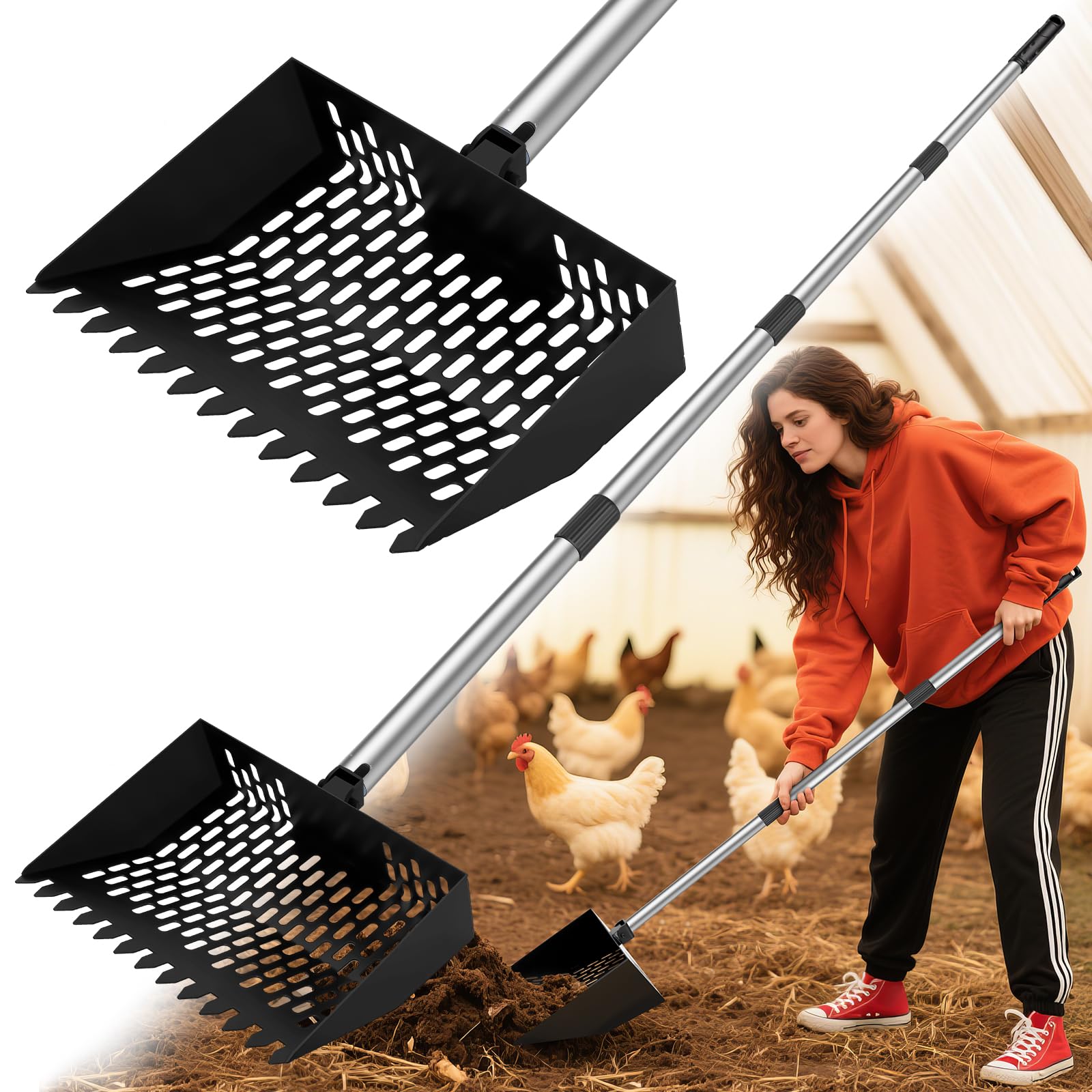Mittimiya 2-in-1 poop scooper and rake for fast coop cleanup