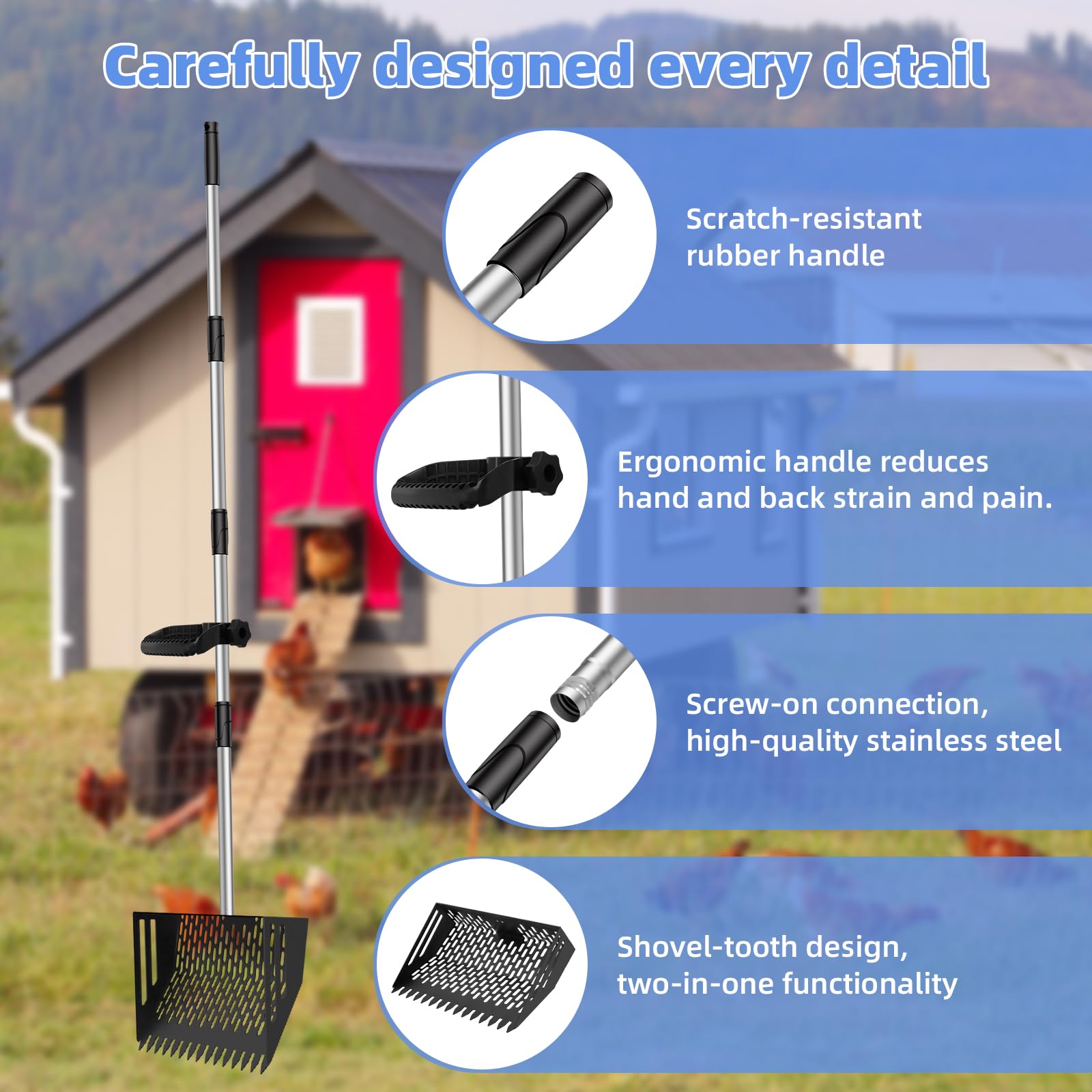 Mittimiya multi-scenario cleaning tool adapts to coops, pens, and sand.