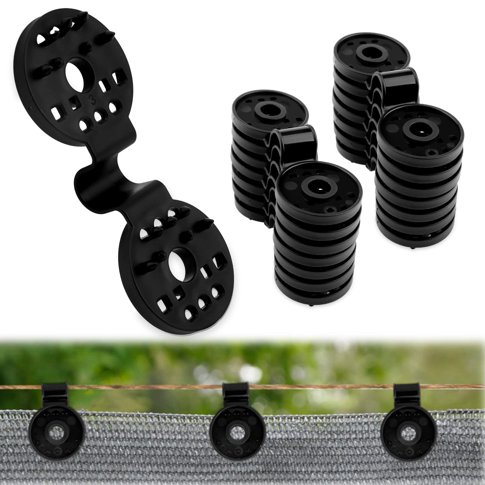 Mity Rain shade clip closeup for secure shade cloth attachment and durable hold