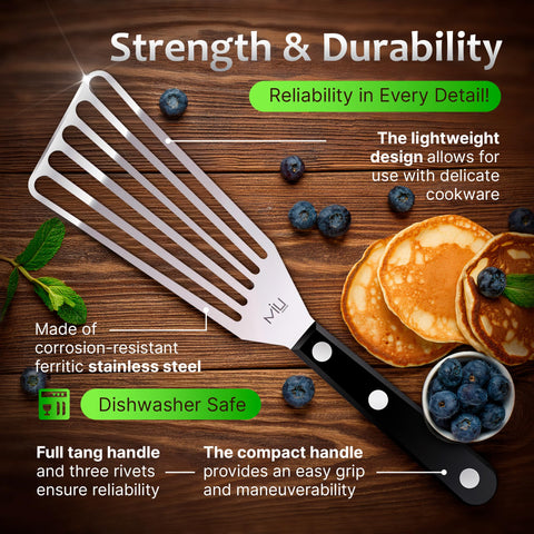 MIU France slotted design reduces drips while flipping on high-heat pans.