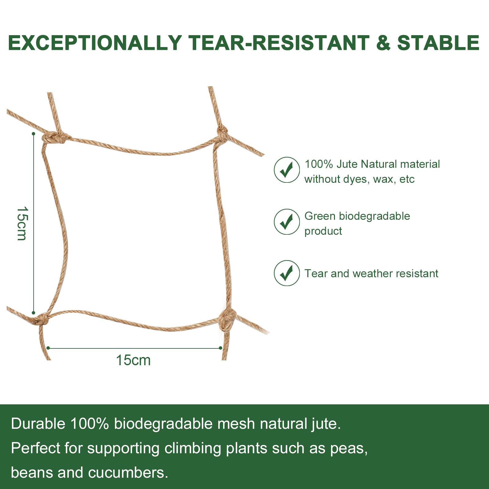 Miuezuth Jute Netting’s strong 3mm jute supports climbing vines securely.