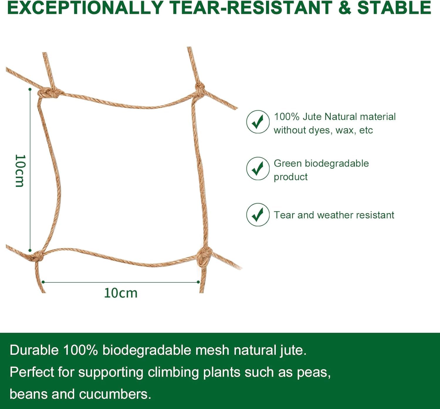 Miuezuth jute trellis netting with strong 3mm weave supports beans and cucumbers.
