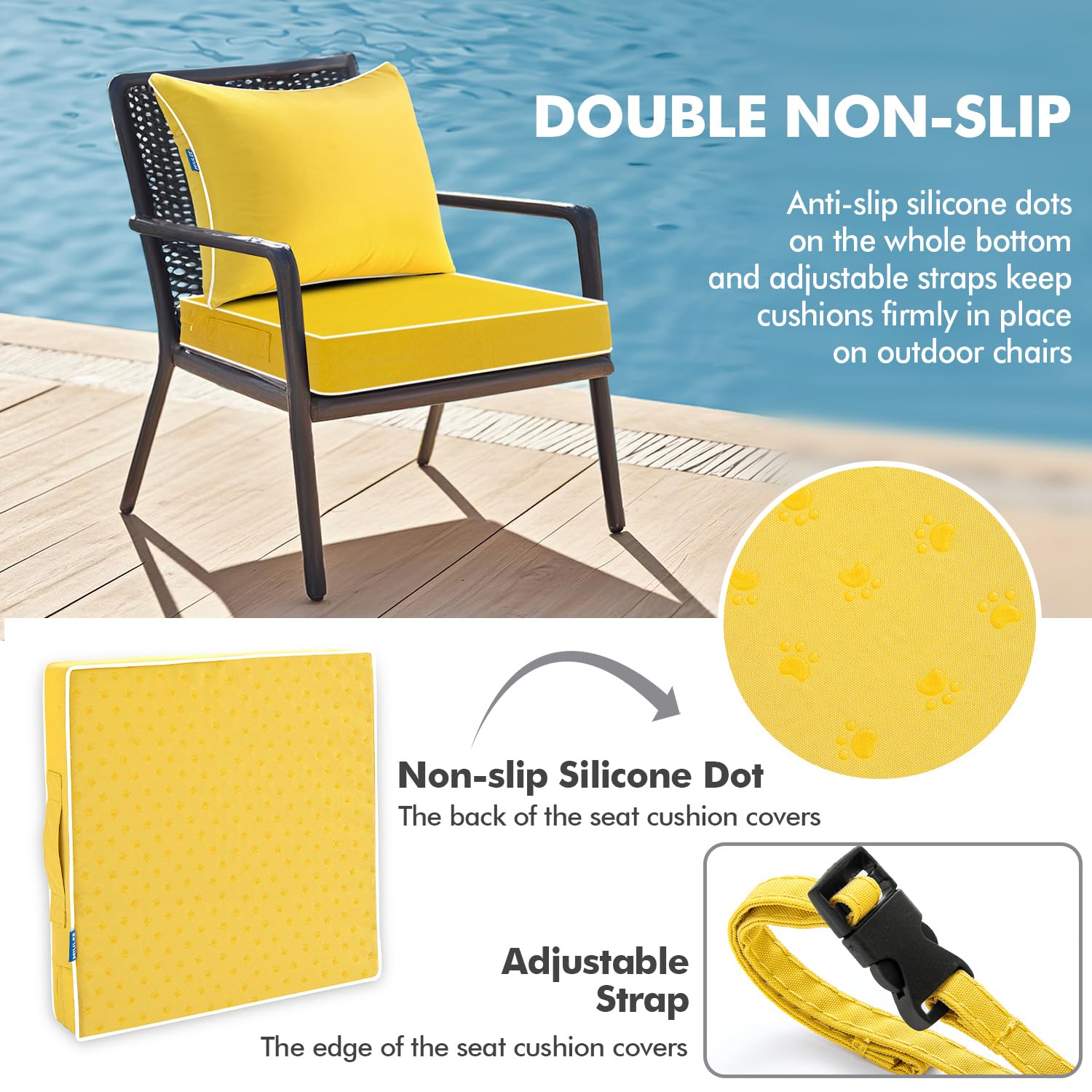 MIULEE adjustable straps securing cushion firmly on chairs and loungers.