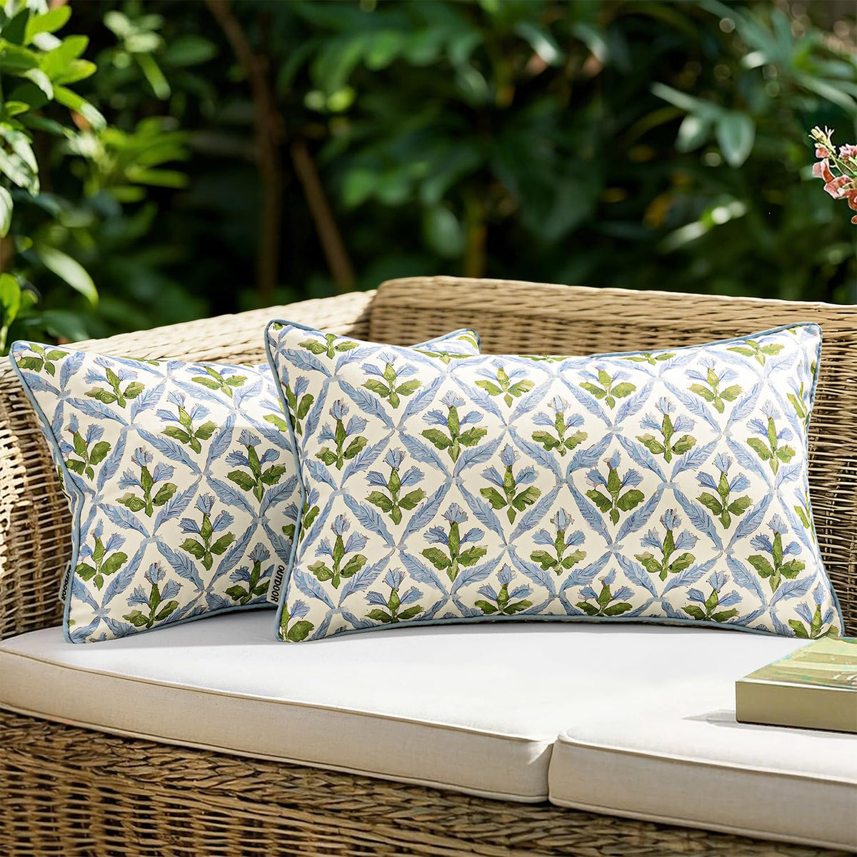 MIULEE flower print outdoor pillow cover in blue-green for patio décor.