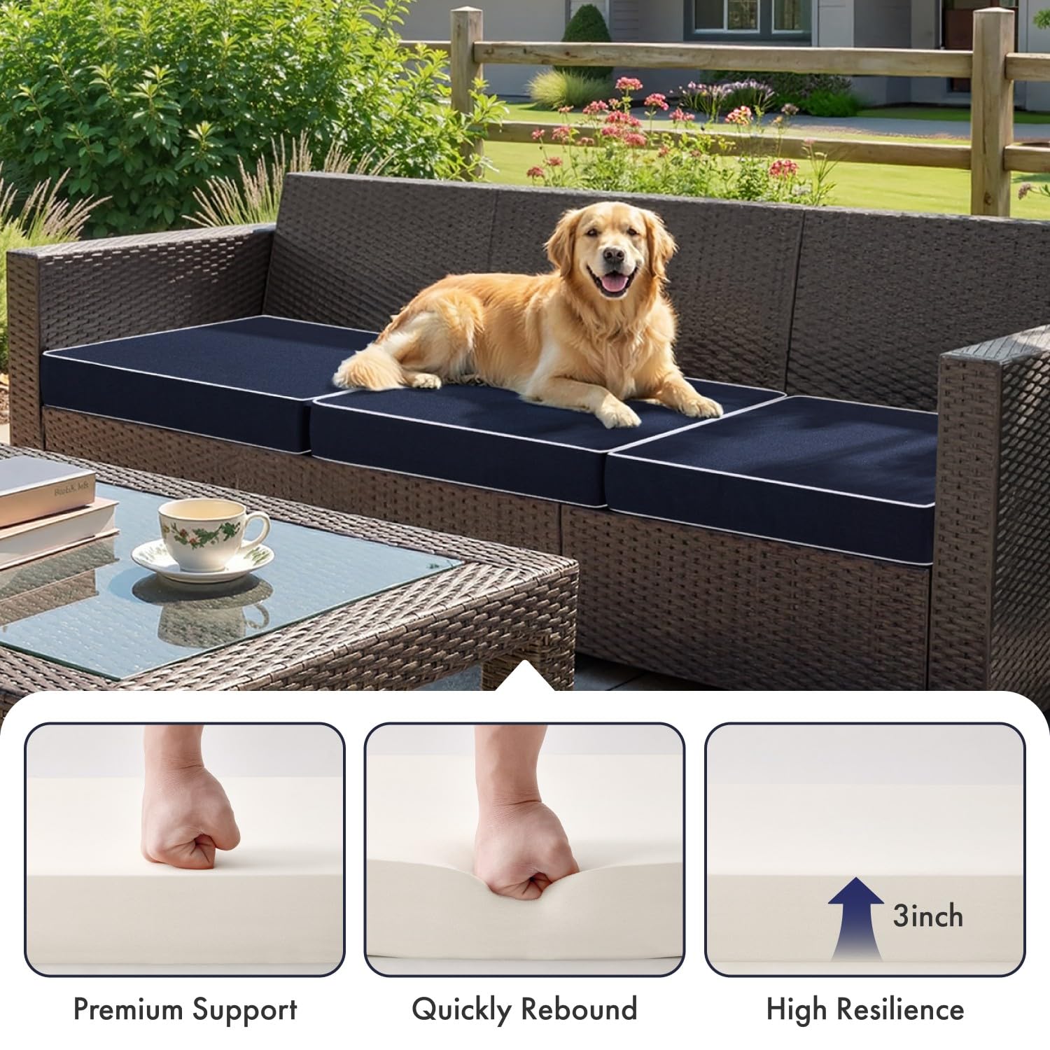 MIULEE navy cushions with white piping for a crisp tailored look
