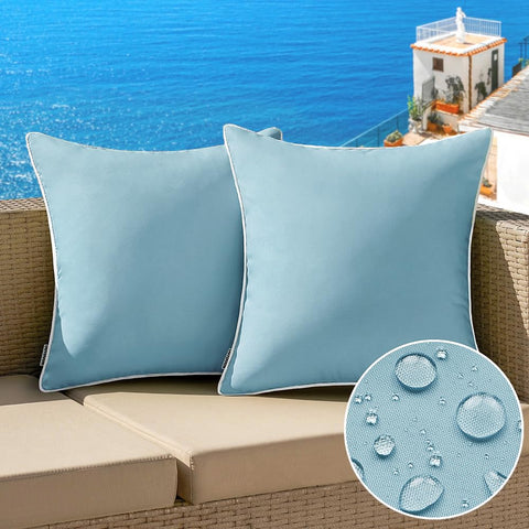 MIULEE outdoor blue pillow cover 18x18 inch on a patio, smooth and weather-ready.